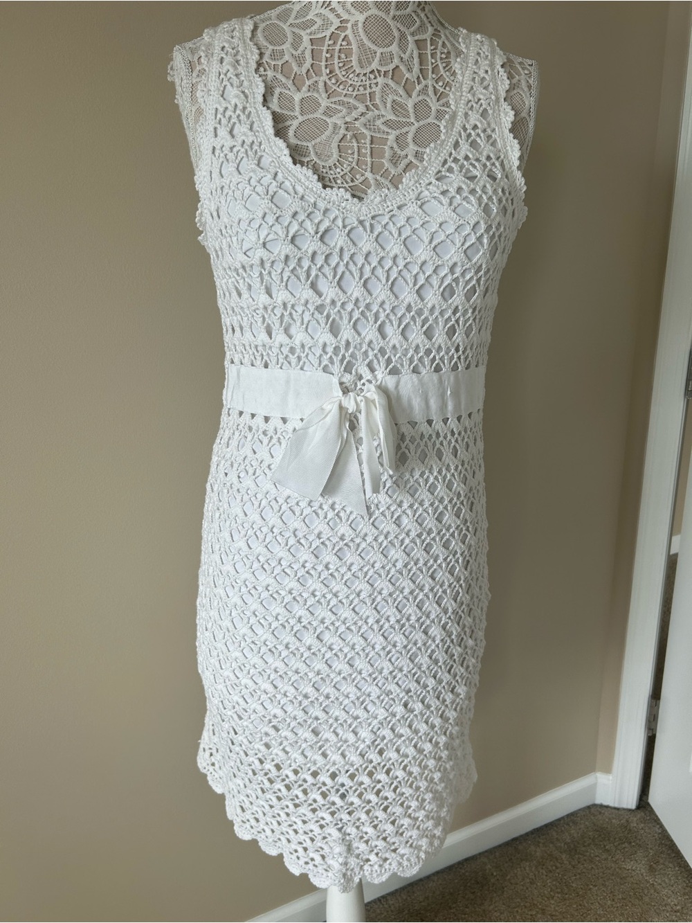 INC International Concepts White Crochet Midi Dress with Waist Tie